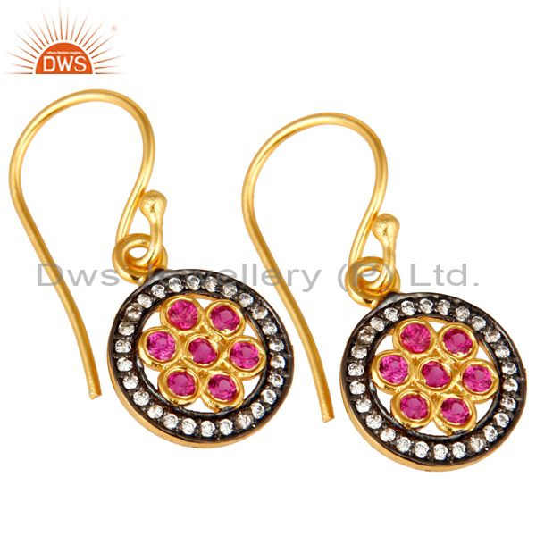 Exporter Shiny 18K Yellow Gold Plated Sterling Silver Red Cubic Zirconia Drop Earrings