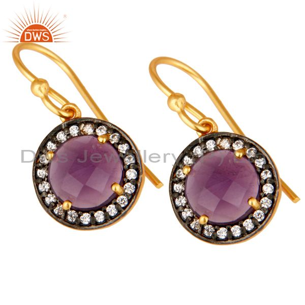 Exporter 18K Yellow Gold Plated Sterling Silver Amethyst And CZ Disc Dangle Earrings