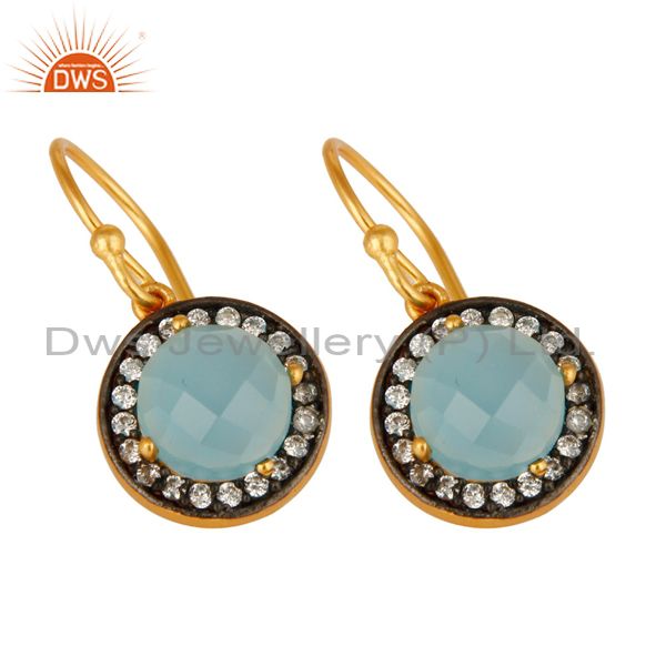 Exporter 18K Yellow Gold Plated Sterling Silver Pave CZ And Aqua Blue Chalcedony Earrings