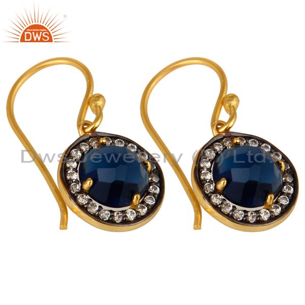 Exporter 14K Yellow Gold Plated Sterling Silver Blue Corundum And CZ Halo Earrings