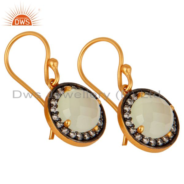 Exporter 925 Sterling Silver Natural Chalcedony Gemstone & CZ Earrings With Gold Plated
