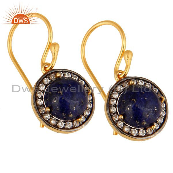 Exporter 18K Yellow Gold Plated Sterling Silver Lapis Lazuli And cz Dangle Earrings