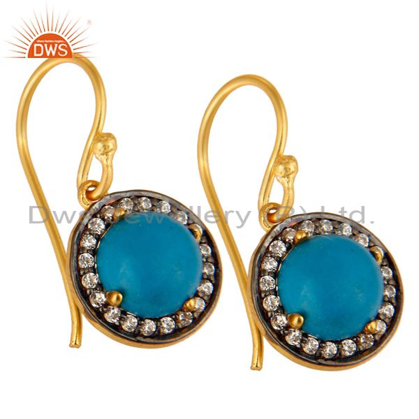 Exporter 18K Yellow Gold Plated Sterling Silver Turquoise And CZ Surrounded Drop Earrings