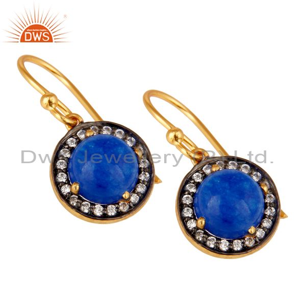 Exporter Yellow Gold Plated Sterling Silver Blue Aventurine CZ Surrounded Drop Earrings