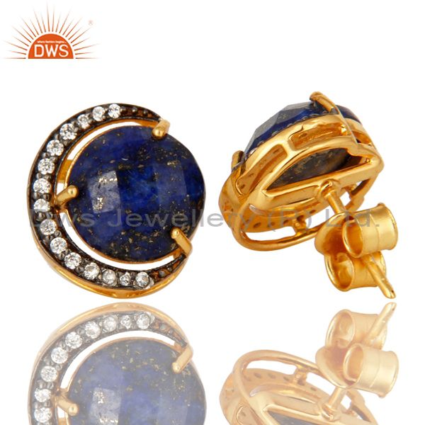 Exporter 18K Gold Plated Sterling Silver Lapis Lazuli Half Moon Stud Earrings With CZ