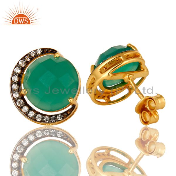 Exporter 18K Gold Plated Sterling Silver Green Onyx And CZ Halo Half Moon Stud Earrings