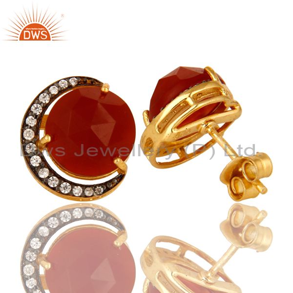 Exporter 18K Yellow Gold Plated Sterling Silver Red Onyx And CZ Designer Stud Earrings