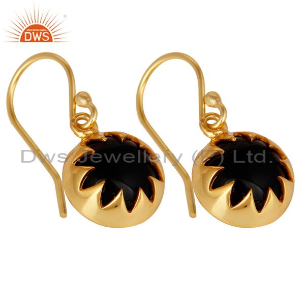 Exporter 14K Yellow Gold Plated Sterling Silver Black Onyx Gemstone Dangle Earrings
