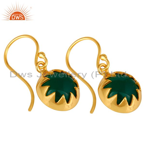 Exporter 18K Yellow Gold Plated Sterling Silver Green Onyx Gemstone Drop Earrings