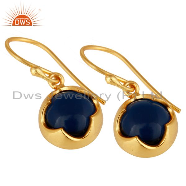 Exporter 14K Yellow Gold Plated Sterling Silver Blue Sapphire Corundum Earrings