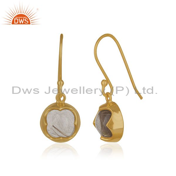 Exporter Golden Rutile Gemstone Handmade 14k Gold Plated 925 Silver Drop Earring Supplier