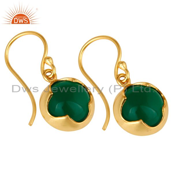 Exporter 14K Yellow Gold Plated Sterling Silver Green Onyx Designer Dangle Earrings