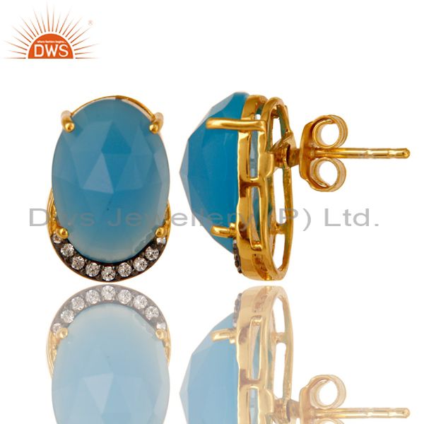 Exporter 18K Gold Plated Sterling Silver Blue Chalcedony And CZ Stud Earrings