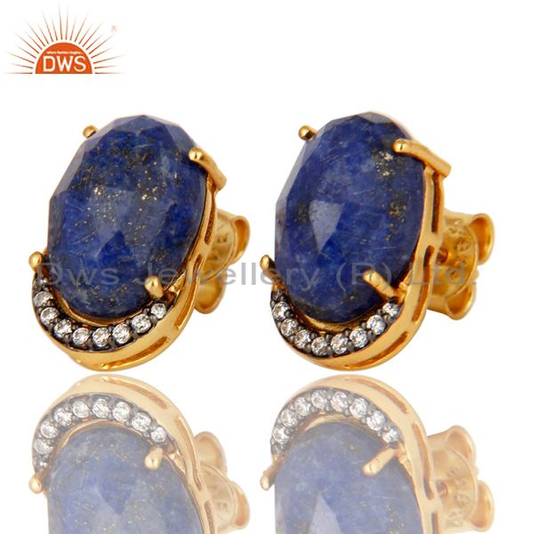 Exporter Natural Lapis Lazuli Gemstone And CZ Sterling Silver Stud Earrings - Gold Plated