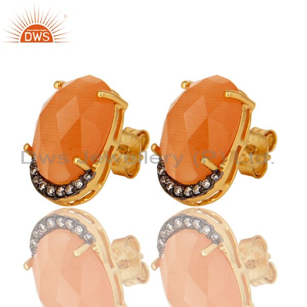 Exporter 18K Gold Plated Sterling Silver Peach Moonstone And CZ Stud Earrings