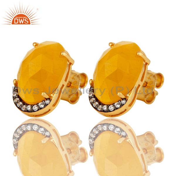 Exporter Yellow Moonstone Gemstone And CZ Sterling Silver Stud Earrings With Gold Plated