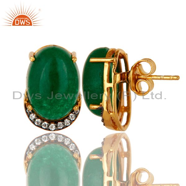 Exporter Green Aventurine And CZ 18K Gold Plated Sterling Silver Prong Set Stud Earrings