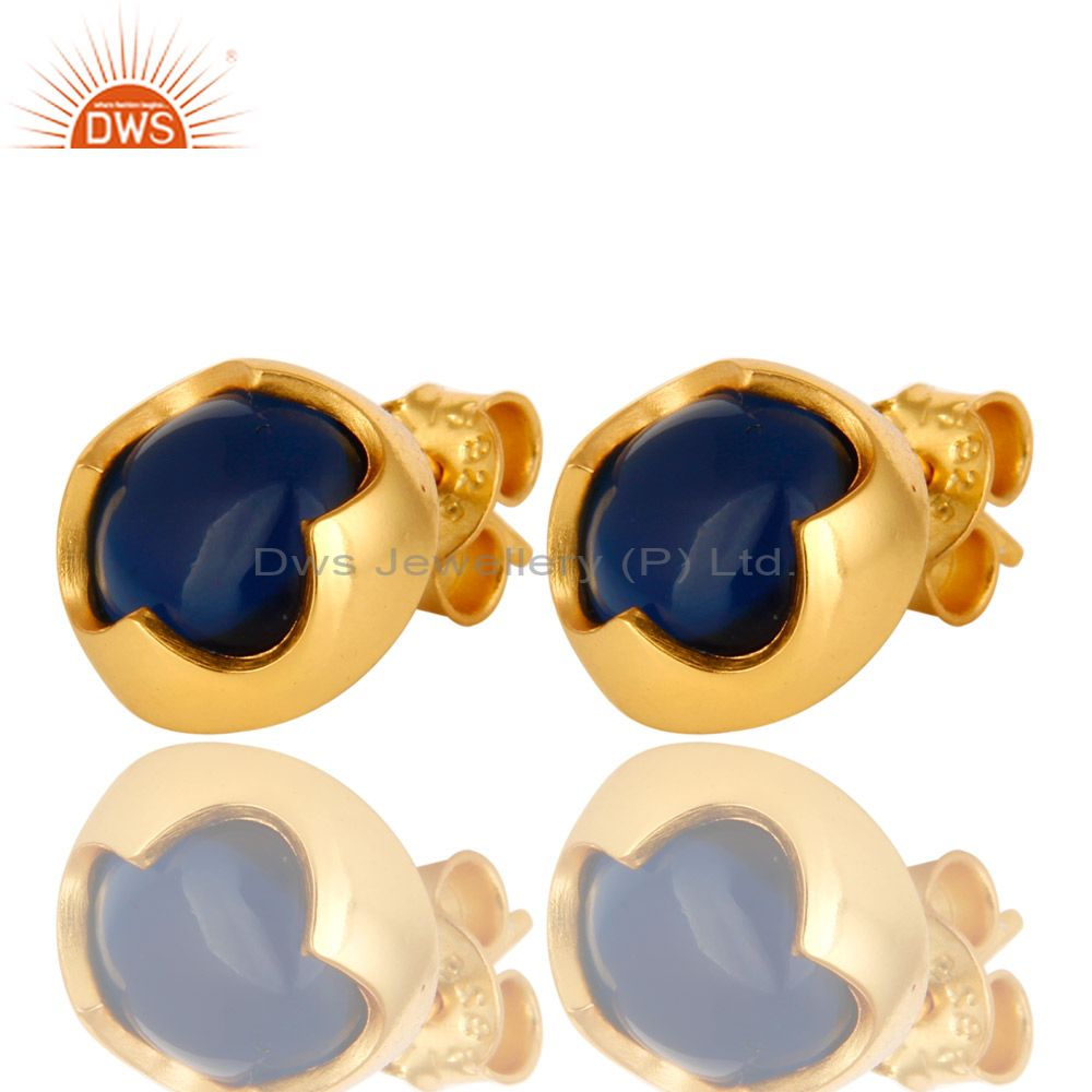 Exporter 14K Yellow Gold Plated Sterling Silver Blue Corundum Womens Stud Earrings