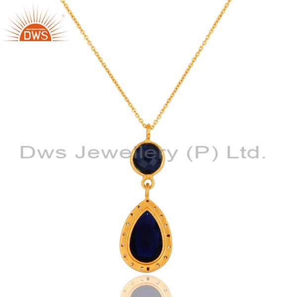 Exporter Blue Corundum And CZ Gold Plated Sterling Silver Pendant With 16" Chain