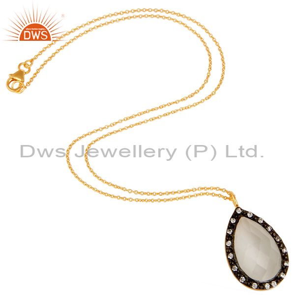 Suppliers 18K Yellow Gold Plated Sterling Silver White Moonstone And CZ Pendant With Chain