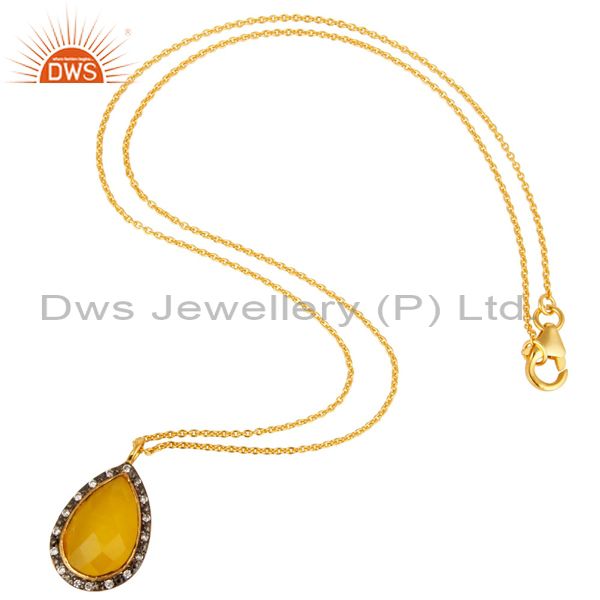 Exporter Yellow Moonstone And CZ Sterling Silver Pendant Necklace With Yellow Gold Plated