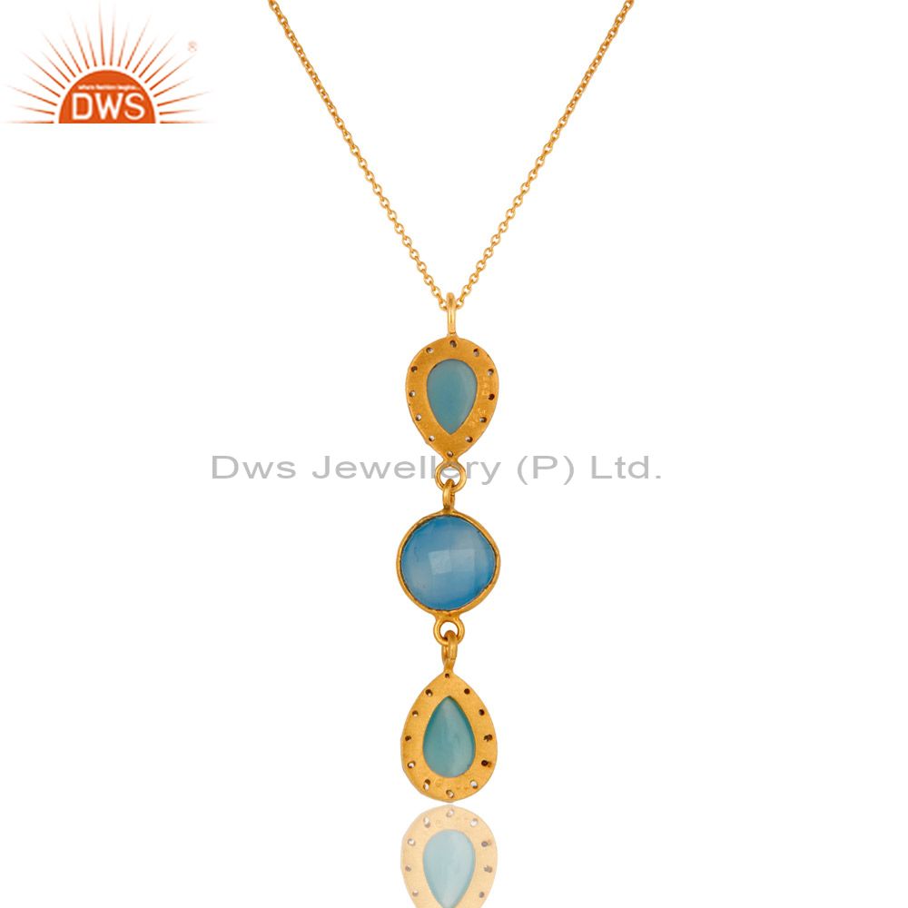 Suppliers 14K Yellow Gold Plated Sterling Silver CZ And Blue Chalcedony Pendant With Chain