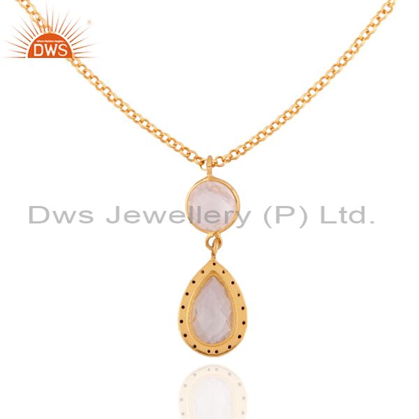 Exporter 18K Gold Plated Sterling Silver Rose Quartz Gemstone & Sapphire Pendant Necklace