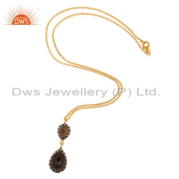 Exporter Natural Smoky Quartz Drop 18K Gold Plated 925 Sterling Silver Pendant Necklace