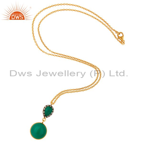 Exporter 18K Yellow Gold Plated Faceted Green Onyx Sterling Silver Pendant With Chain