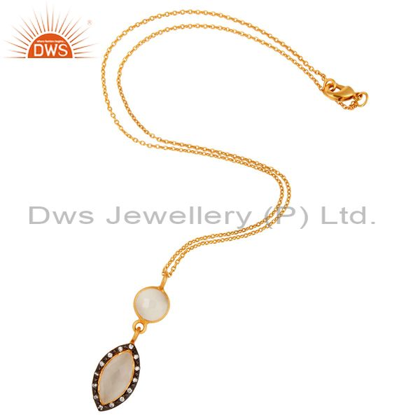 Exporter White Moonstone Gemstone Drop Pendant With CZ In 18K Gold On Sterling Silver