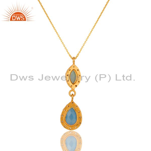 Suppliers 18K Gold Plated Sterling Silver Aqua Chalcedony Gemstone Pendant With Chain