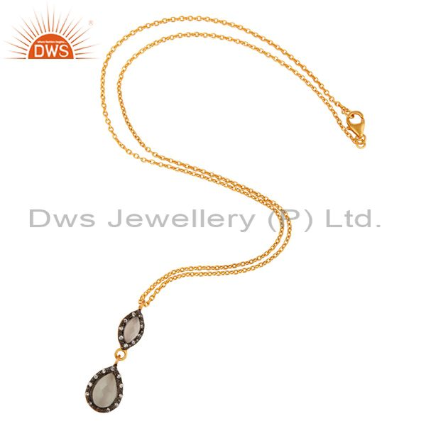 Exporter 18K Gold Plated Faceted White Moonstone & CZ Sterling Silver Pendant With 16" Ch
