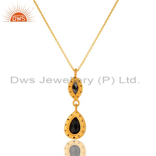 Suppliers 18K Yellow Gold Plated Sterling Silver Black Onyx And CZ Drop Pendant With Chain