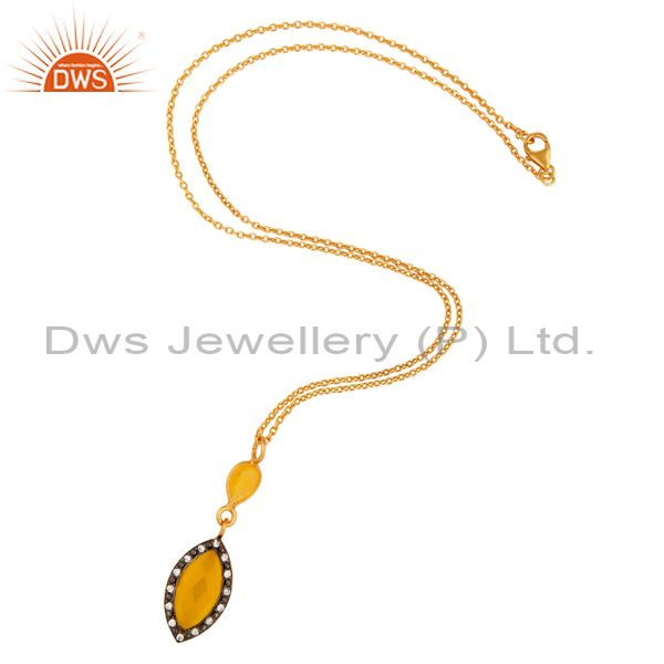 Exporter 18K Gold Plated Faceted Yellow Moonstone & CZ Sterling Silver Pendant 16" Chain
