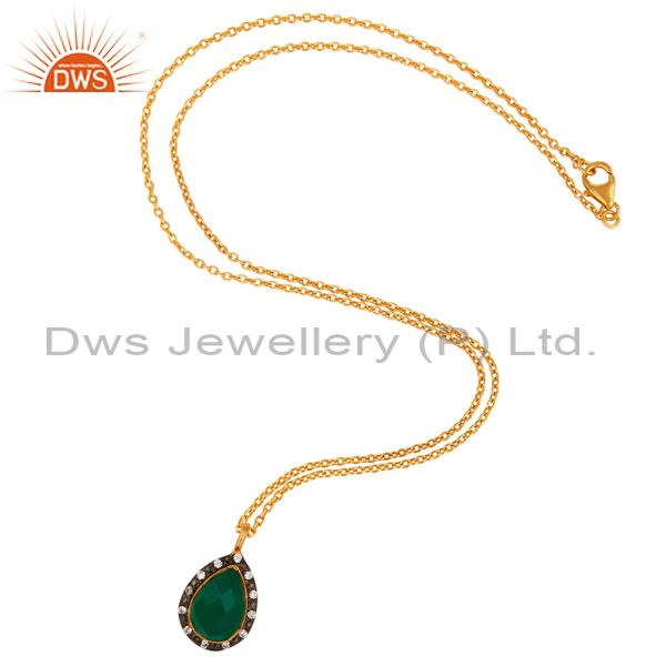 Exporter 18K Gold Plated 925 Sterling Silver Green Onyx & White Zirconia Chain Pendant