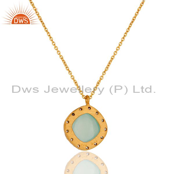 Exporter Gold Plated Sterling Silver Aqua Glass & Cubic Zirconia Fashion Pendant Neckla