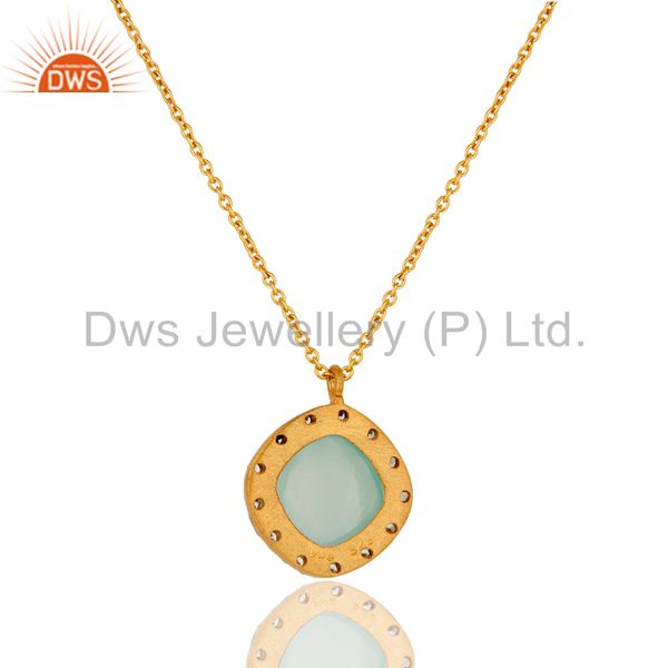 Exporter Gold Plated Sterling Silver Aqua Glass & Cubic Zirconia Fashion Pendant Neckla