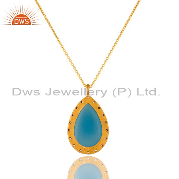 Suppliers 18K Gold Plated Sterling Silver Blue Chalcedony And CZ Drop Pendant With Chain