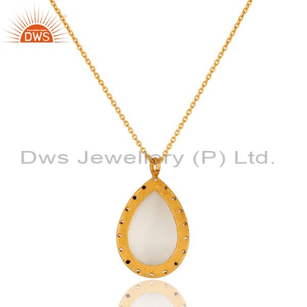 Exporter 14K Gold On Sterling Silver Cubic Zirconia And White Moonstone Pendant Necklace
