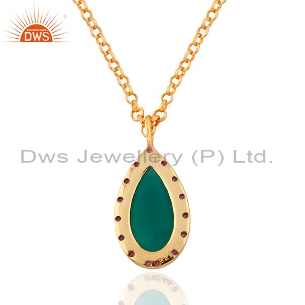 Exporter 925 Silver Ruby Gemstone Drop 24k Gold Plated Green Onyx Pendant charm 16" Chai
