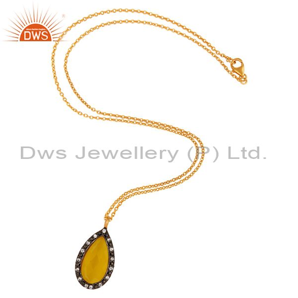 Exporter Gold Plated Sterling Silver Yellow Moonstone & CZ Designer Drop Pendant Necklace
