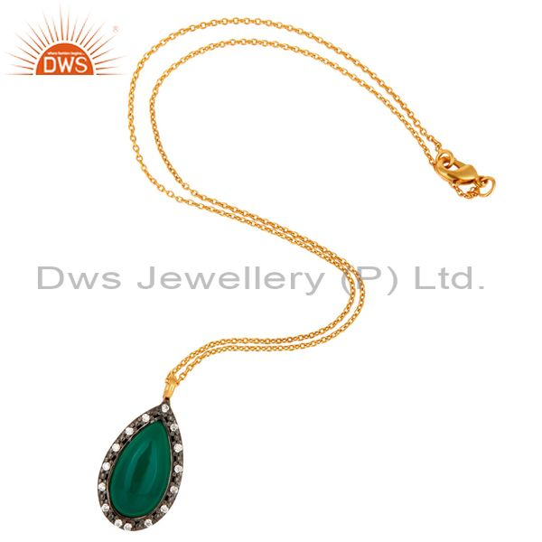 Exporter Sterling Silver Green Onyx Gemstone Drop Pendant With Chain - Gold Plated