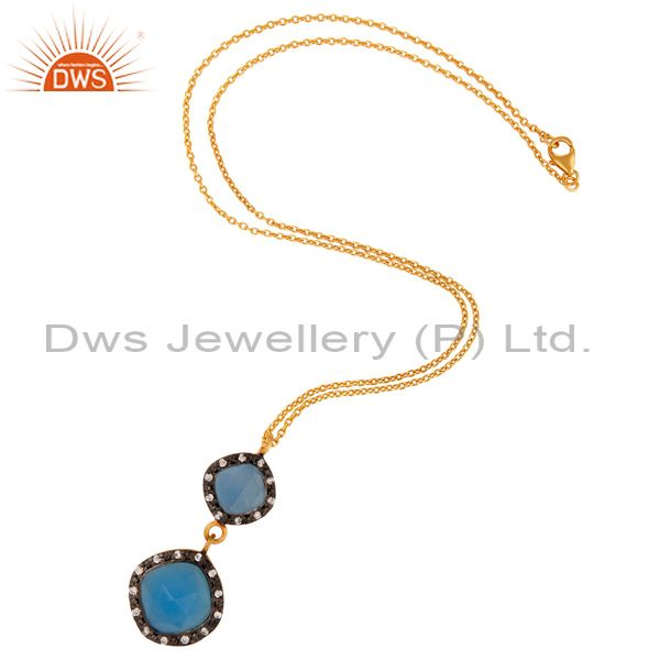 Exporter Aqua Blue Chalcedony Faceted Cushion Shape Gold Plated Silver Pendant Necklace