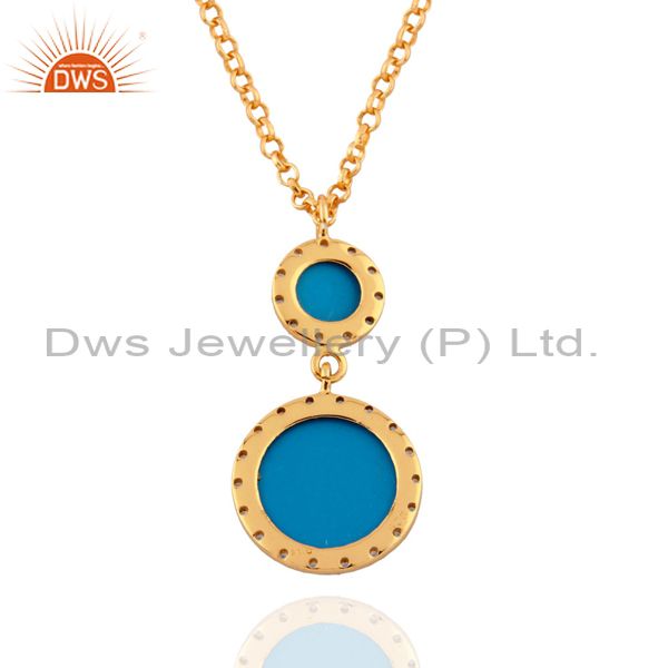 Exporter Turquoise Gemstone Sterling SIlver Pendant White Topaz 24" Gold Plated Necklace