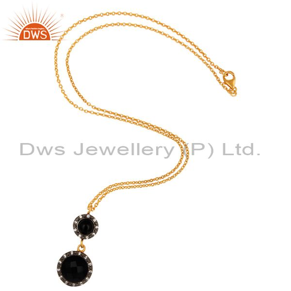 Exporter Black Onyx Gemstone Pendant Necklace With CZ In 18K Gold Over Sterling Silver