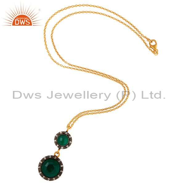 Exporter Faceted Green Onyx & CZ 18K Gold Plated Sterling Silver Pendant With 16" Chain