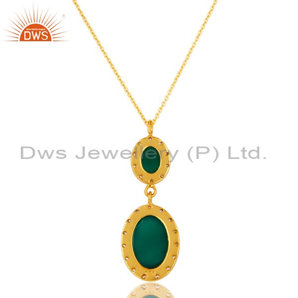 Exporter 18K Yellow Gold Plated Sterling Silver Green Onyx & CZ Drop Pendant With Chain