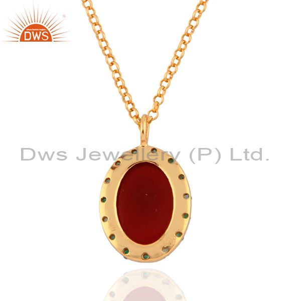Exporter 18K Yellow Gold Plated Sterling Silver Red Onyx And Emerald Pendant With Chain