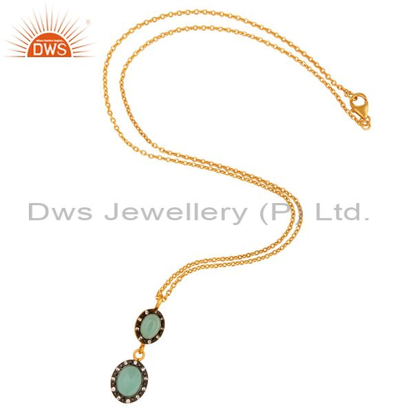 Suppliers CZ & Aqua Blue Chalcedony Drop Fashion Pendant With Chain - Gold Plated Silver