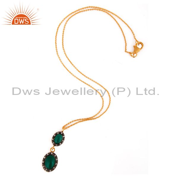 Exporter 18K Gold Plated Solid 925 Sterling Silver Green Onyx & Cz Beautiful Drop Pendant